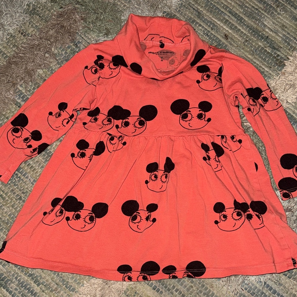 Mini Rodini Coral Dress with Black Mouse Print